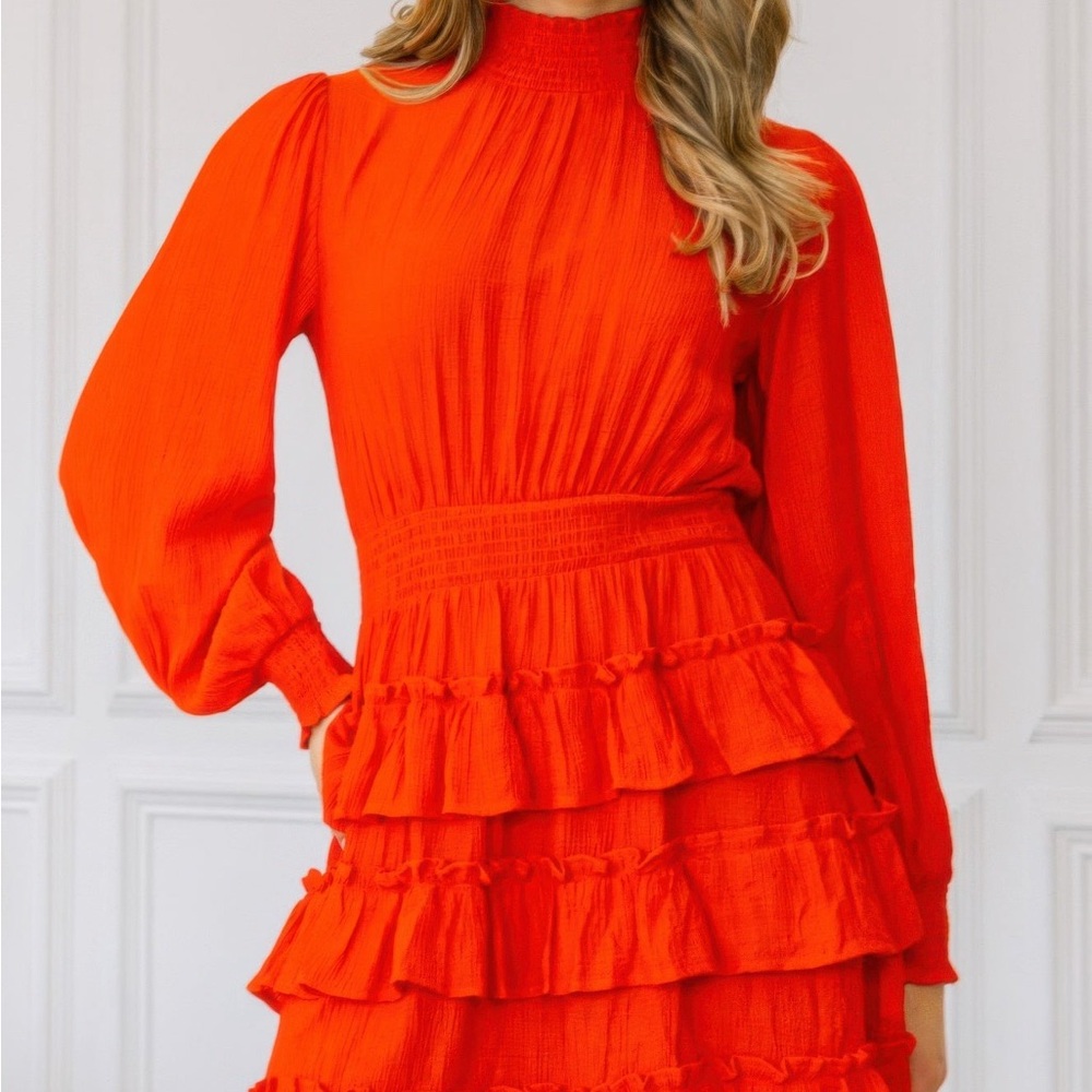 Long Sleeve Smocked Neck Tiered Ruffle Mini Dress